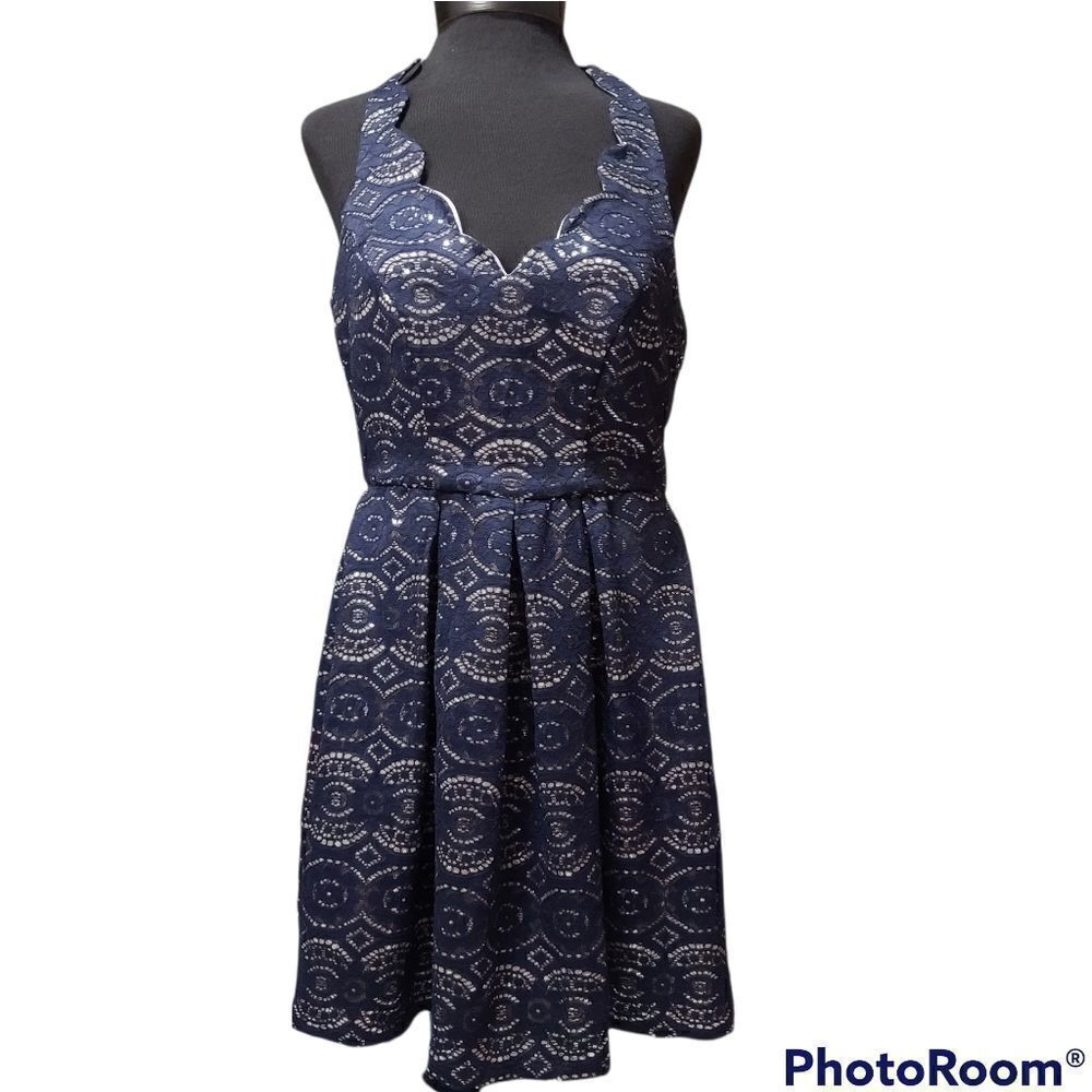 B Darlin Navy Silver Halter Dress 3/4, Junior 3, women 4